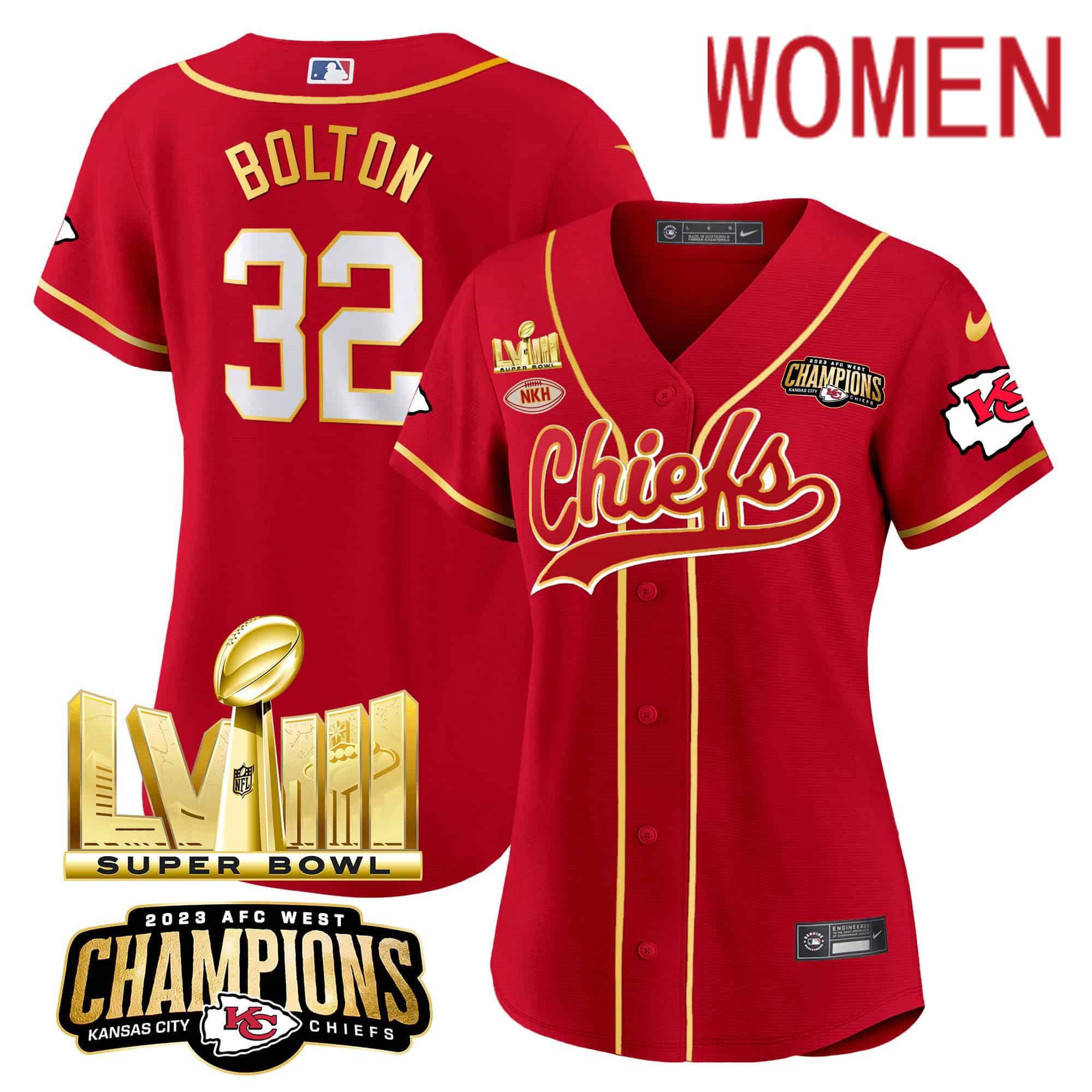 Women Kansas City Chiefs #32 Bolton Red 2024 Nike Super Bowl LVIII Back-2-Back Gold Patch Baseball NFL Jersey
